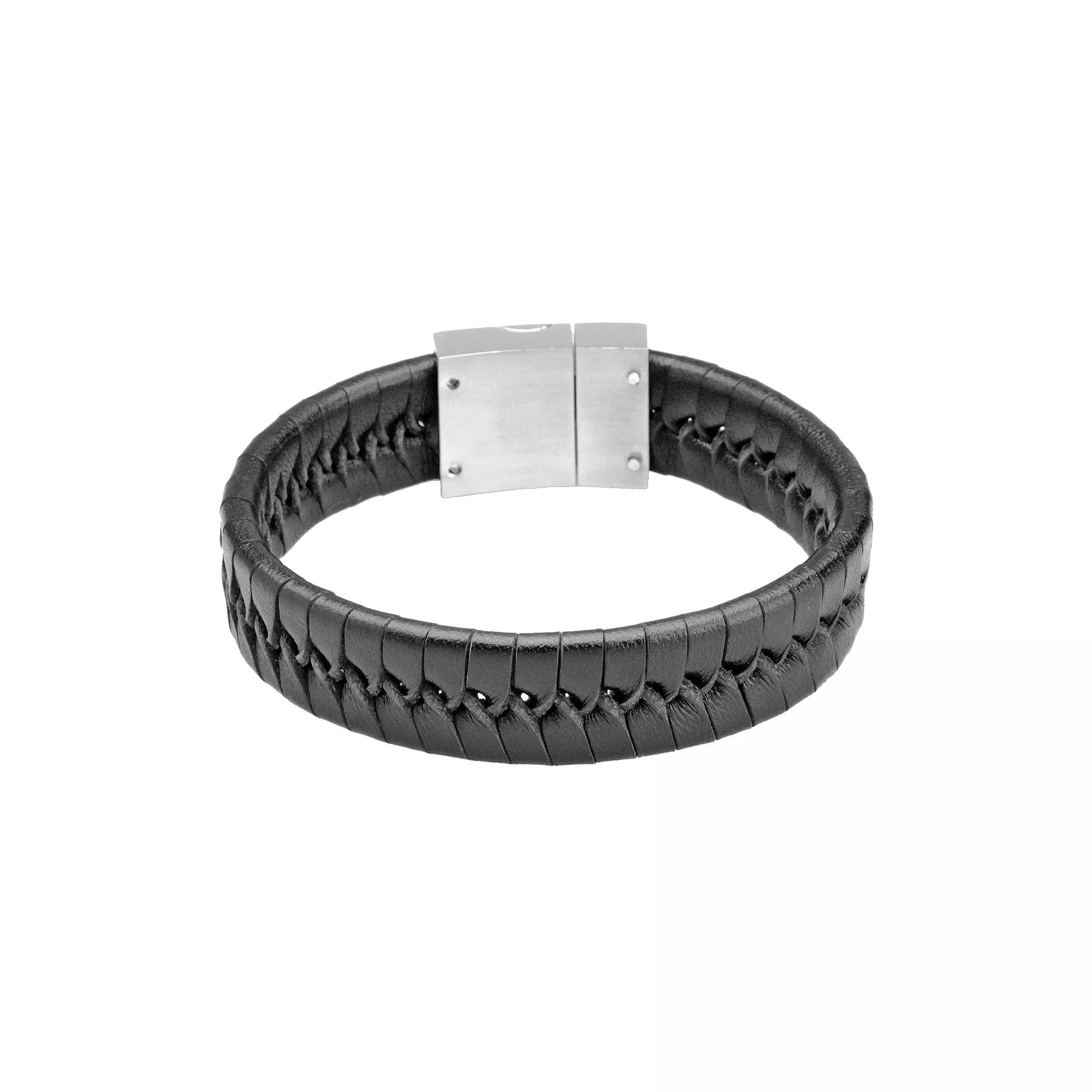 LYNX Stainless Steel & Black Leather Bracelet - Men, Men's, Size: 8.5" Product Image