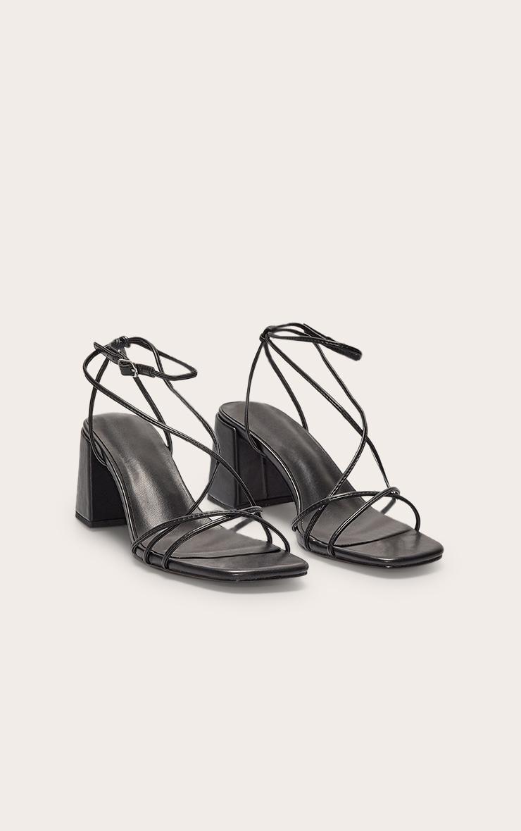 Black Pu Round Toe Strappy Mid Block Heel Sandals Product Image