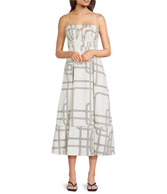 Le' AL.X Knot Print Woven Ruched Straight Keyhole Neck Spaghetti Strap A-Line Midi Coordinating Dress Product Image