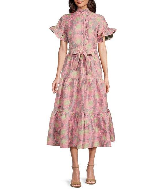 Abbey Glass Floral Print Sadie Ruffle Short Sleeve Tie Waist Tiered Pocketed Midi Dress Product Image