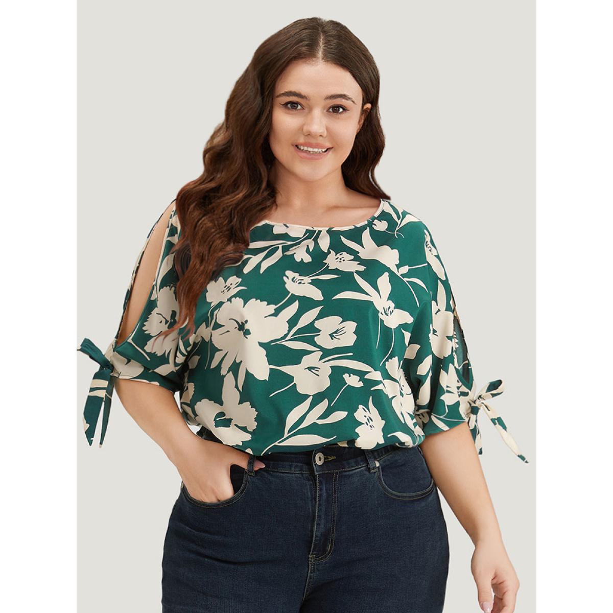 Plus Size Silhouette Floral Print Knotted Cut Out Round Neck Bodysuit Women Cyan Silhouette Floral Print Printed Bodysuits BloomChic 30/6X Product Image