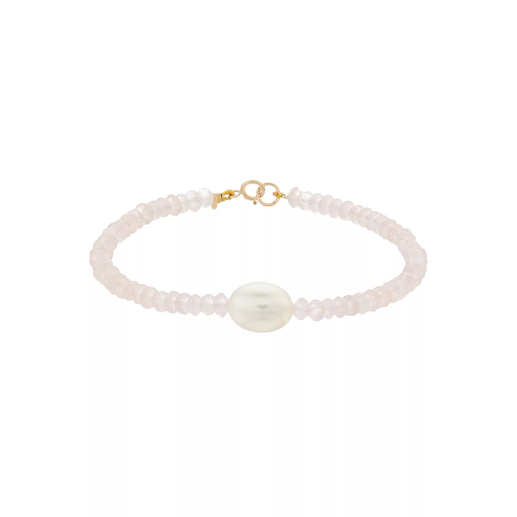 Jewelmak 14k Gold Rose Quartz Rondelle Freshwater Cultured Pearl Bracelet, Women's Product Image