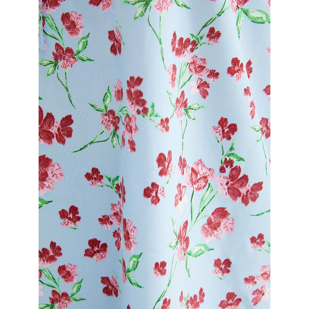 Plus Size LightBlue Ditsy Floral Keyhole Knot Neck Tiered Sleeve Blouse Women Elegant Short sleeve Round Neck Dailywear Blouses BloomChic 12/L Product Image