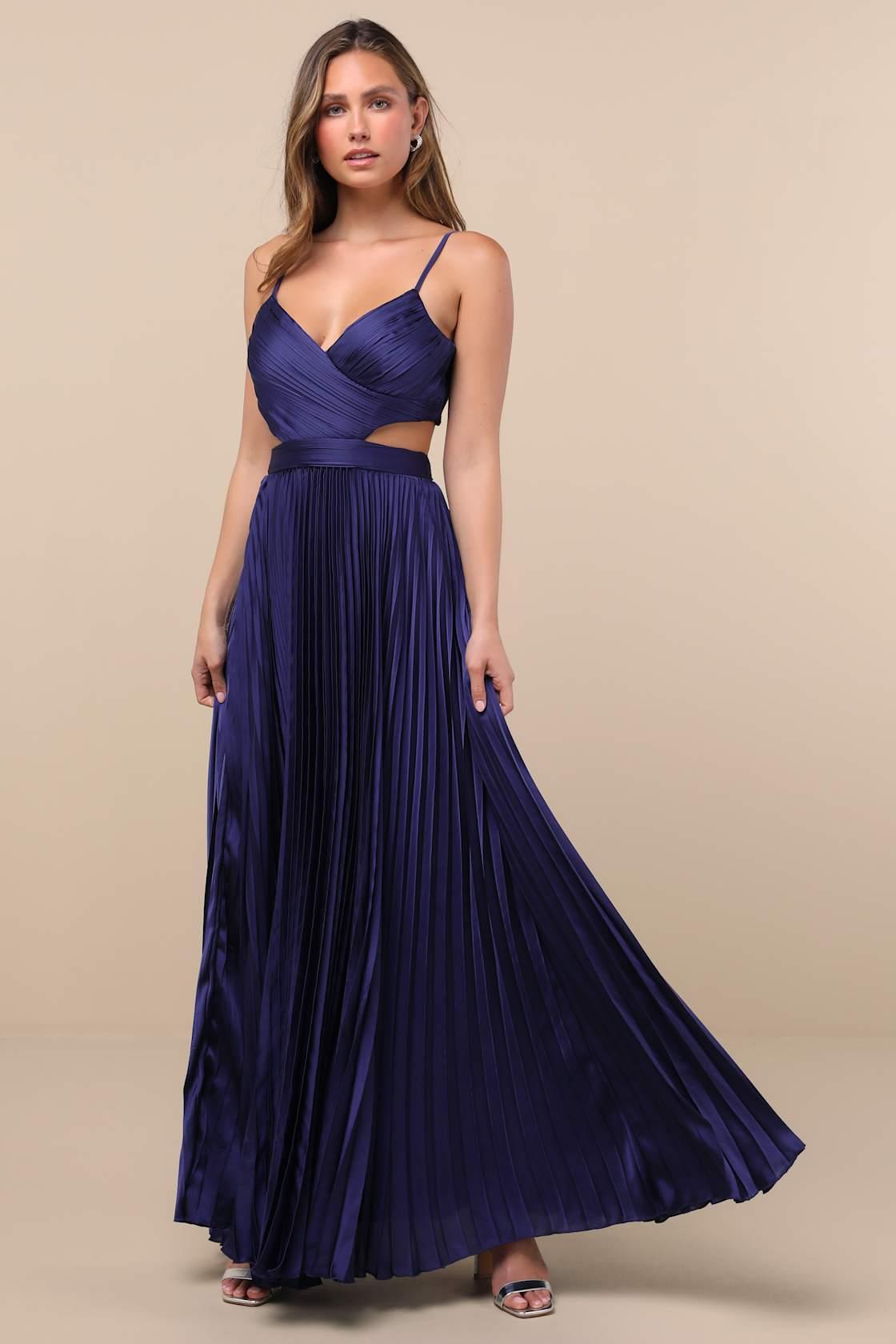 Got the Glam Navy Blue Pleated Cutout Maxi Dress Product Image