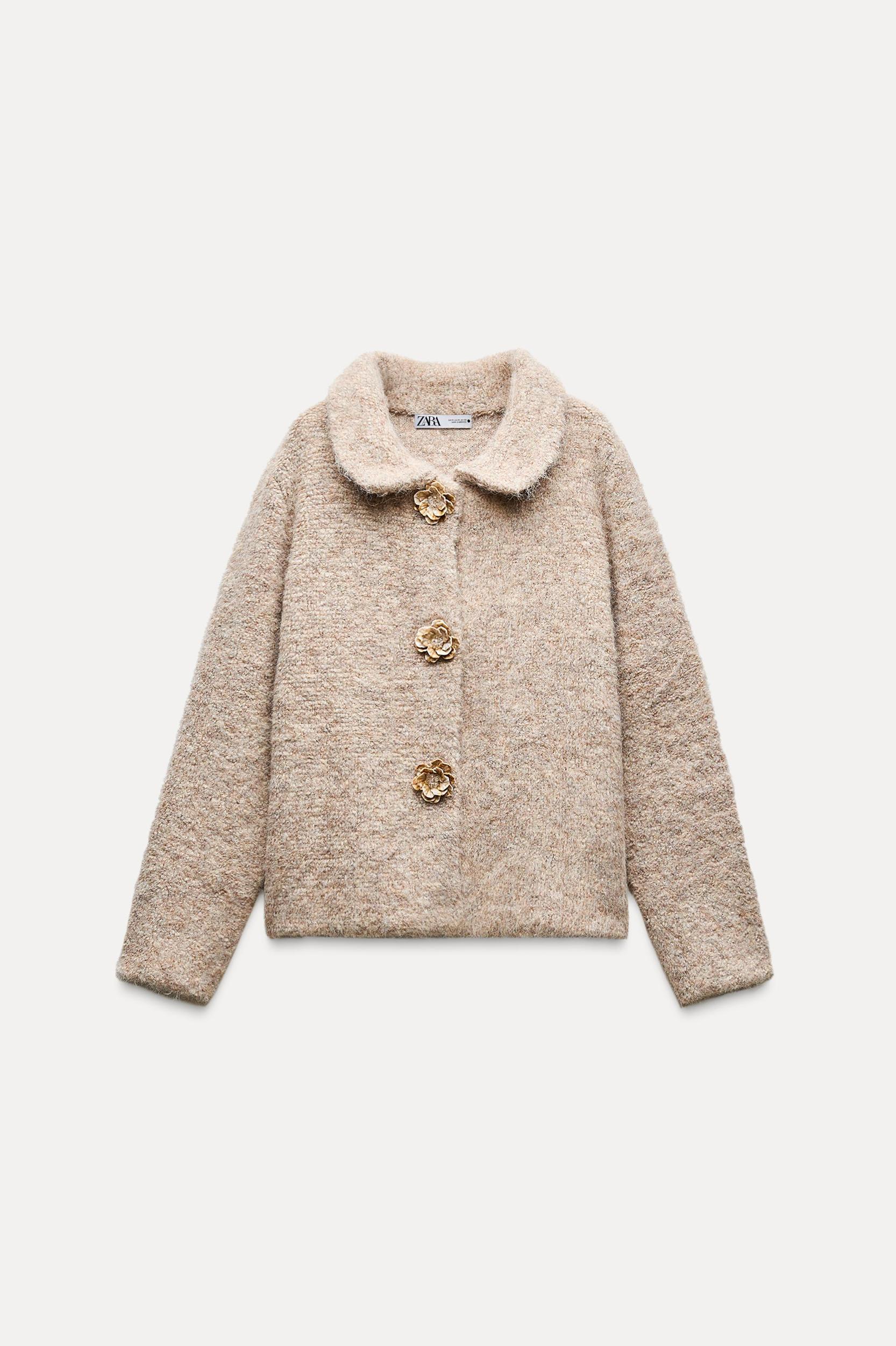 FAUX FUR KNIT CARDIGAN WITH FLOWER BUTTONS Product Image