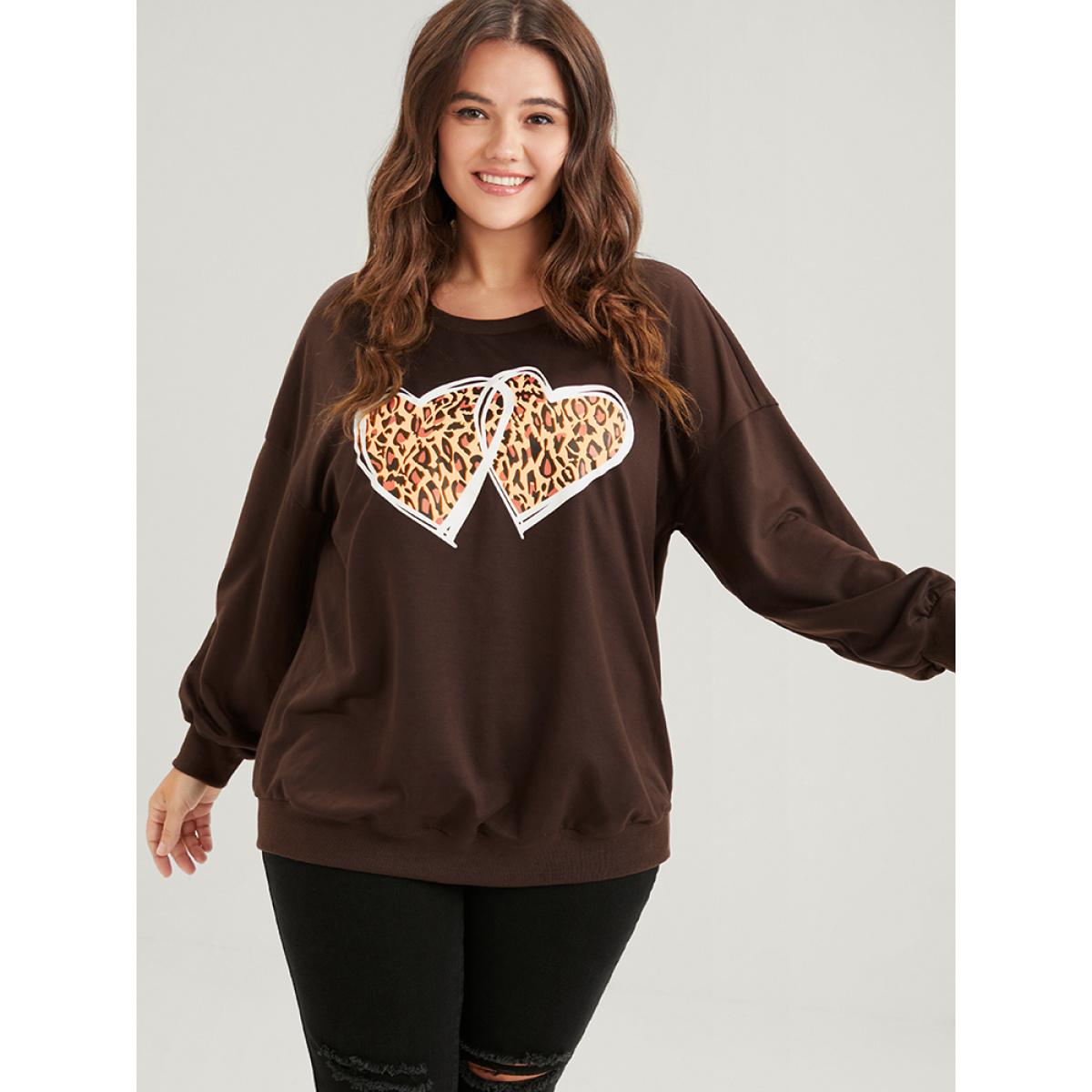 Plus Size Heart & Leopard Print Drop Shoulder Sweatshirt Women DarkBrown Casual Plain Round Neck Dailywear Sweatshirts BloomChic 10/M Product Image