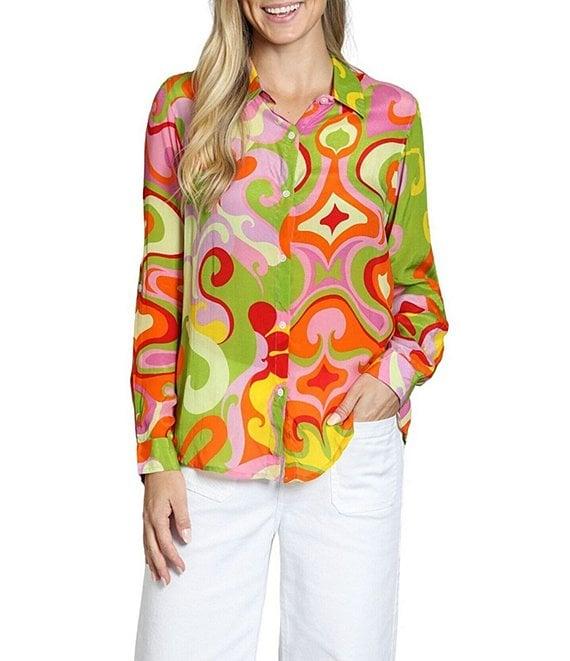 APNY Woven Printed Spread Collar Long Sleeve Button Front Top Product Image