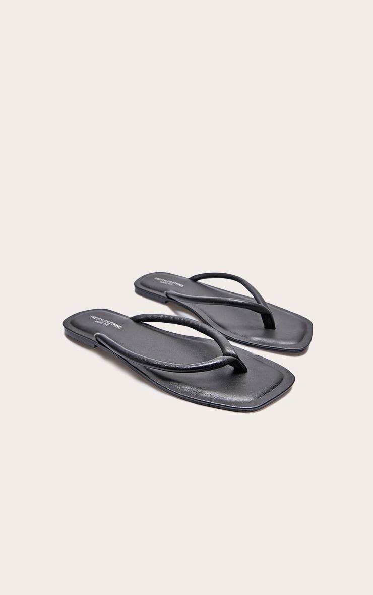 Black Wide Fit Real Leather Toe Thong Flat Sandals Product Image