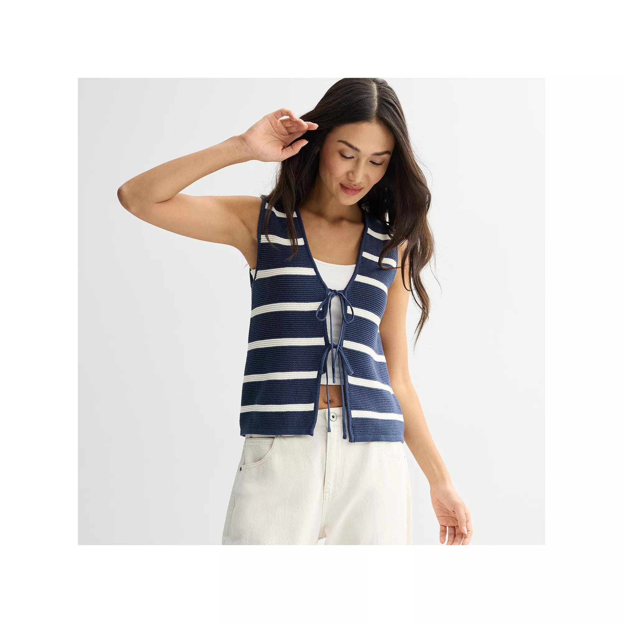 Women's Fourth + Bay Tie-Front Sweater Vest, Size: Medium, Navy And White Stripe Product Image