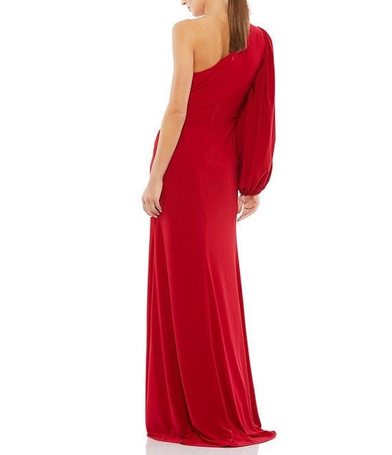Mac Duggal One Sleeve Asymmetrical Neckline Draped Front Ruched Bodice Faux Wrap Jersey Gown Product Image