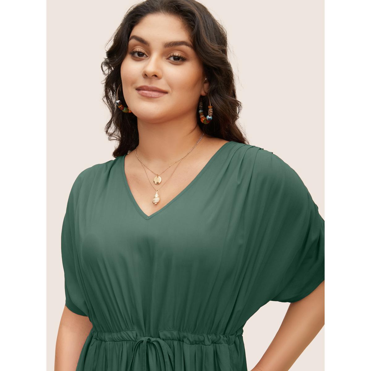 Plus Size Solid Drawstring Gathered Dolman Sleeve Dress DarkGreen Women Resort Gathered V-neck Half Sleeve Curvy BloomChic 14-16/1X Product Image