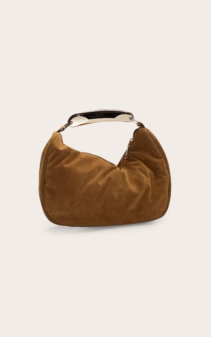 Tan Faux Suede Gold Abstract Handle Hand Bag Product Image