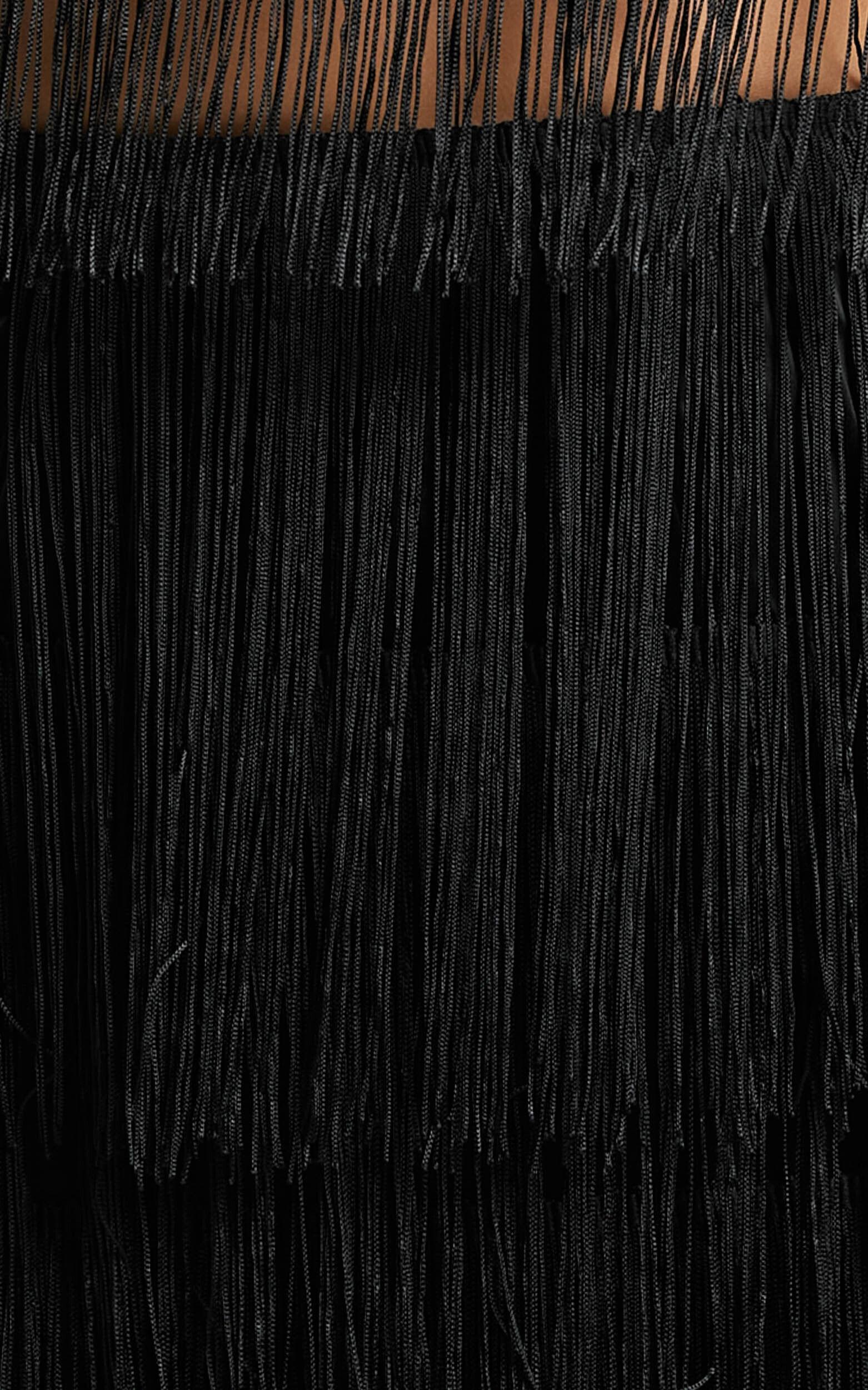 Amalee Two Piece Set - Fringe Strapless Crop Top and Midi Skirt Set in Black Product Image