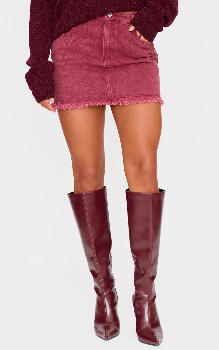 Washed Burgundy Raw Hem Denim Mini Skirt Product Image