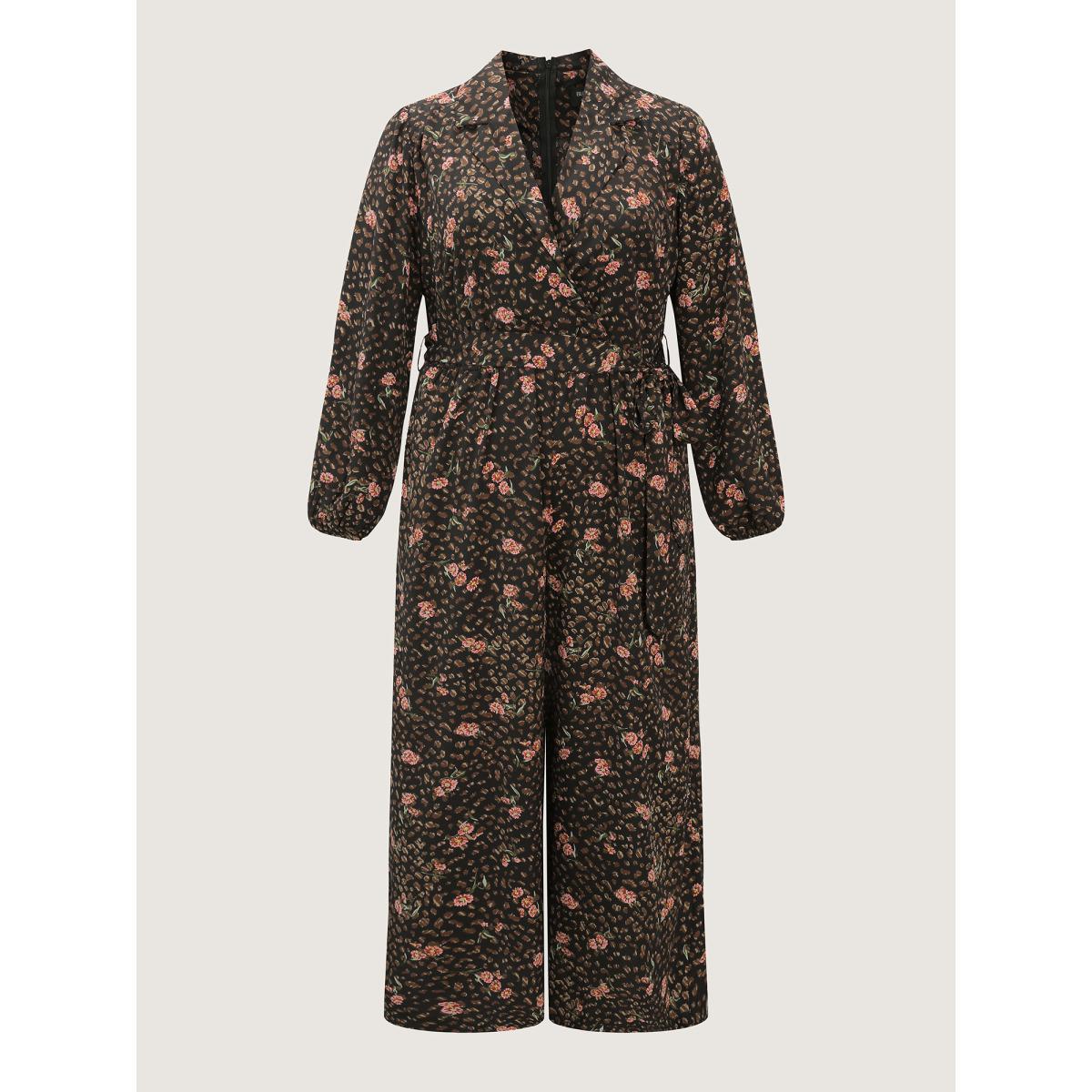 Plus Size Black Floral Leopard Print Belted Collar Jumpsuit Women Retro Long Sleeve Suit Collar Elegant Loose Jumpsuits BloomChic 14-16/1X Product Image