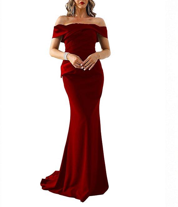 Terani Couture Off The Shoulder Pleated Bodice Crepe Mermaid Gown Product Image