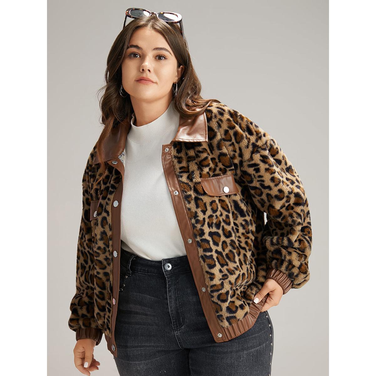 Plus Size Leopard Patchwork Button Through Jacket Women Leopard Elastic cuffs Dailywear Jackets BloomChic 10/M Product Image