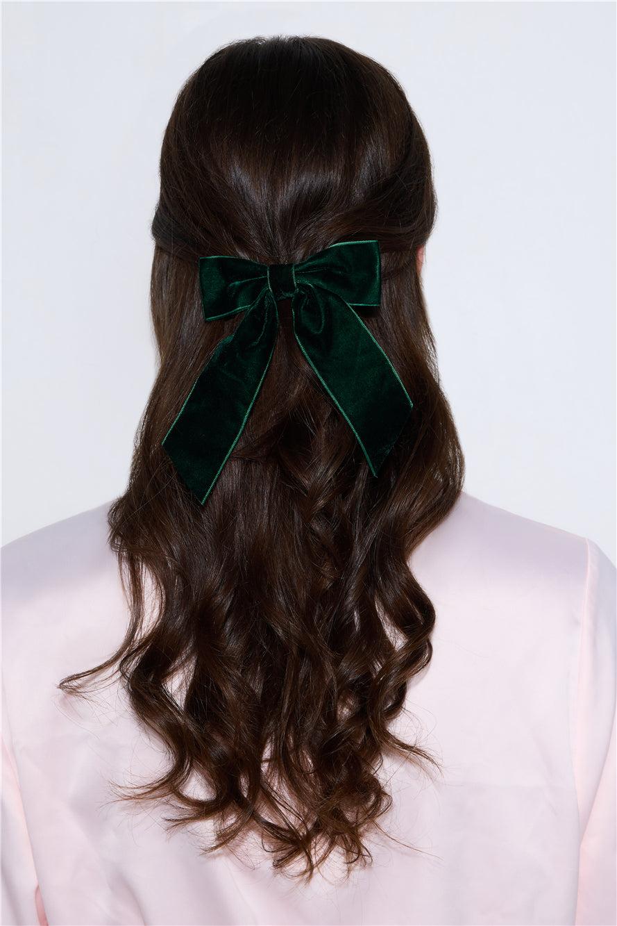 Velvet Bow Hair Clip Green Product Image