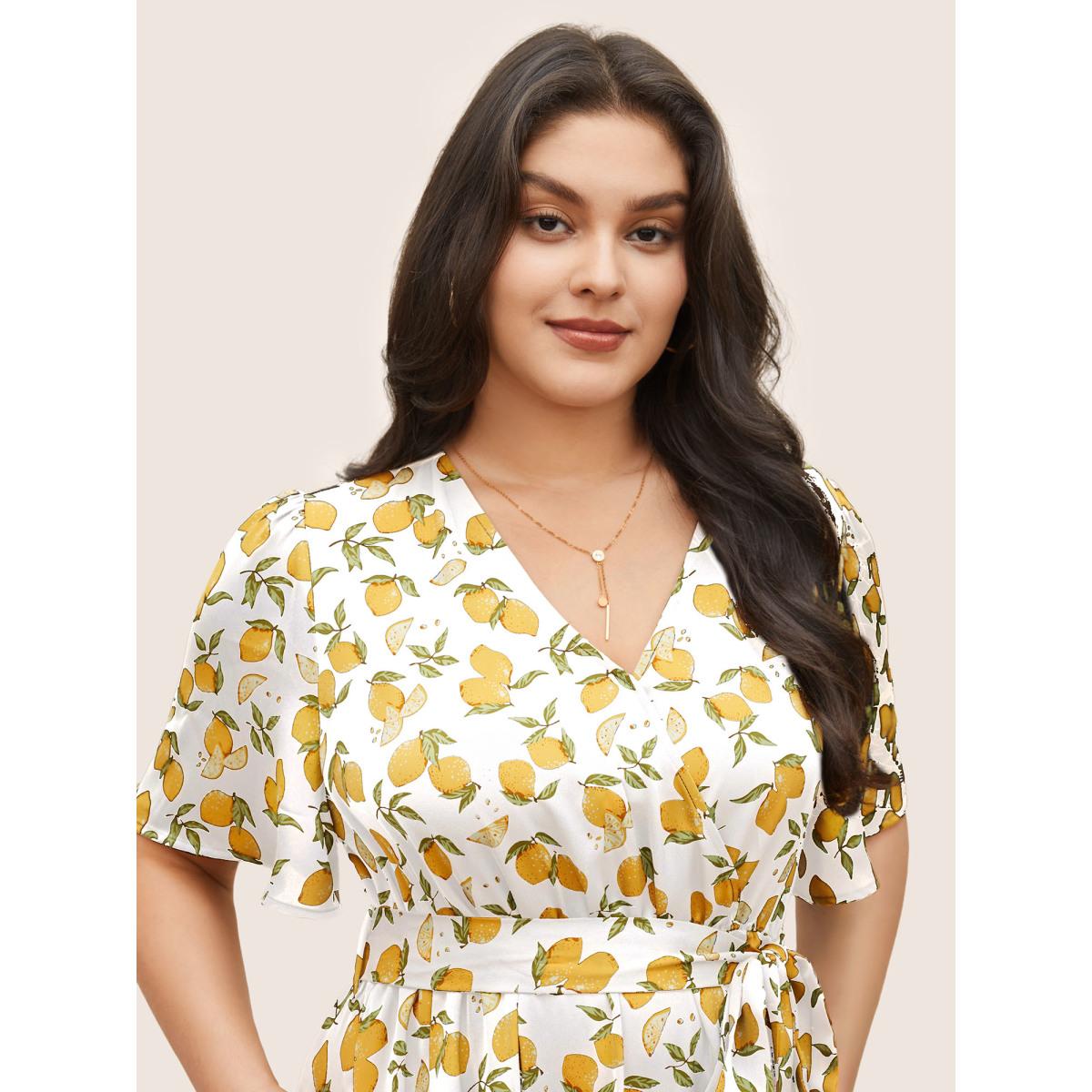 Plus Size Citrus Lemons Print Belted Surplice Neck Split Side Dress Ivory Women Elegant Non Overlap Collar Short sleeve Curvy Midi Dress BloomChic 30/6X Product Image