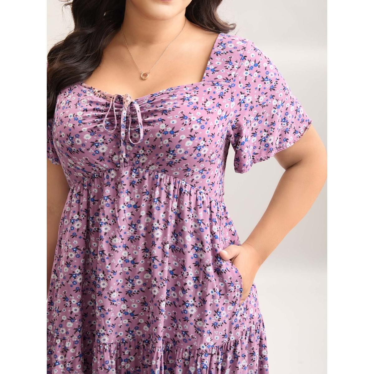 Plus Size Ditsy Floral Sweetheart Drawstring Pocket Tiered Dress Lilac Women Timeless Non V-neck Short sleeve Curvy Midi Dress BloomChic 14-16/1X Product Image