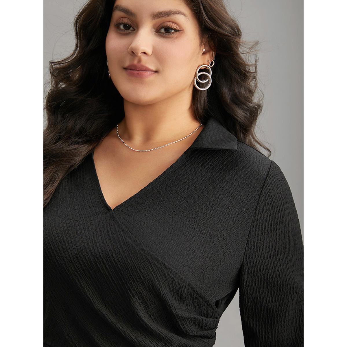 Plus Size Black Plain Wrap Elastic Waist Texture Jacquard Blouse Women Office Long Sleeve Overlap Collar Office Blouses BloomChic 28/5X Product Image