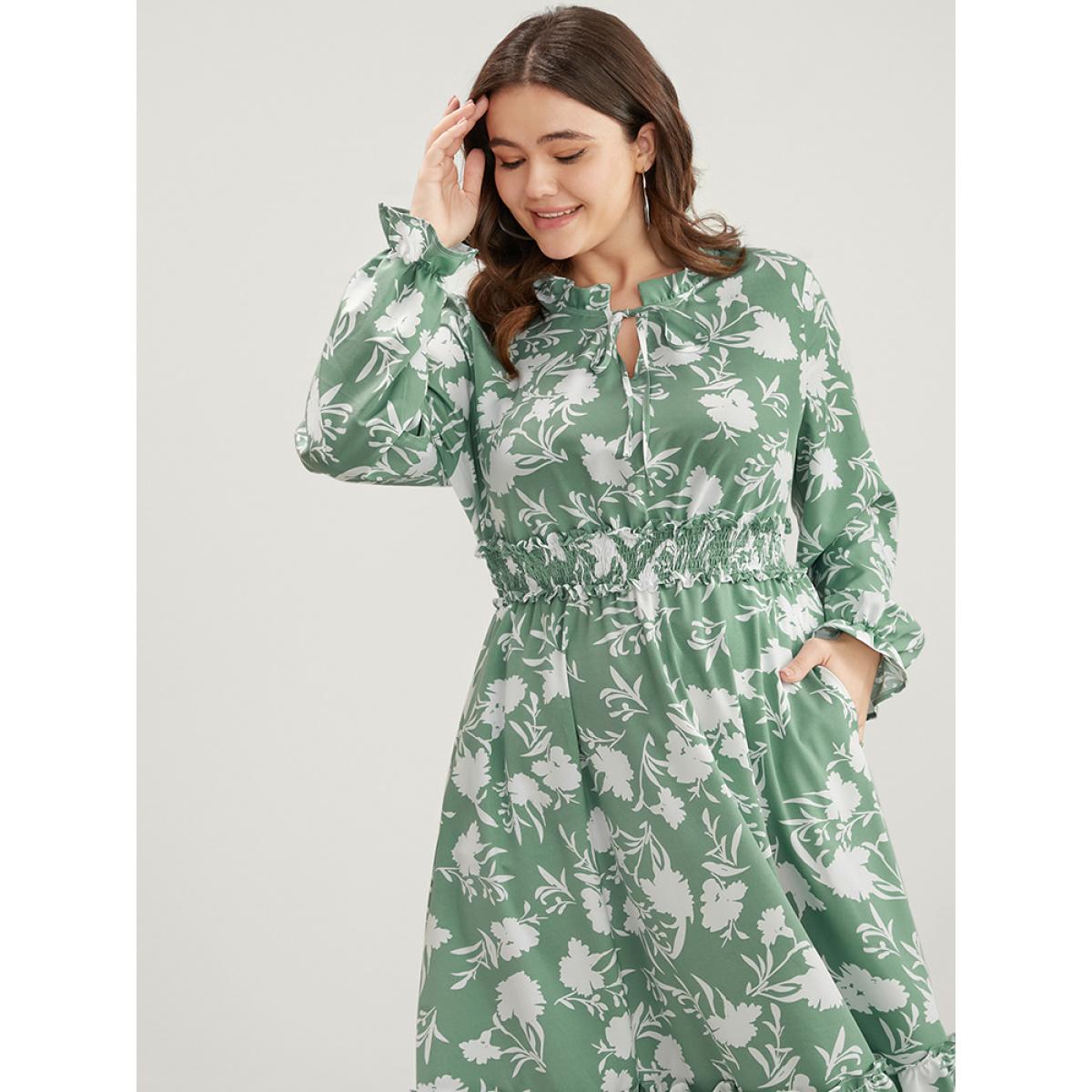 Plus Size Floral Lantern Sleeve Shirred Pocket Tie Neck Ruffle Dress Green Women Elegant Pocket Round Neck Long Sleeve Curvy Midi Dress BloomChic 26/4X Product Image