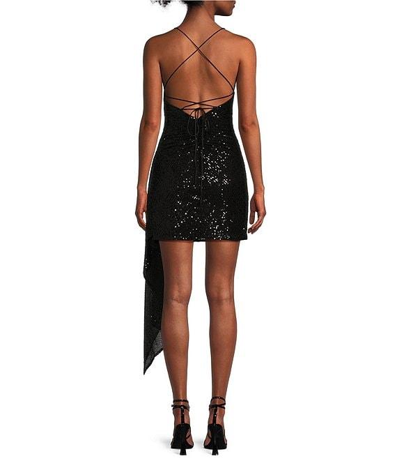 GB Social Ruched Sequin Asymmetrical Hem Tie Back Mini Dress Product Image