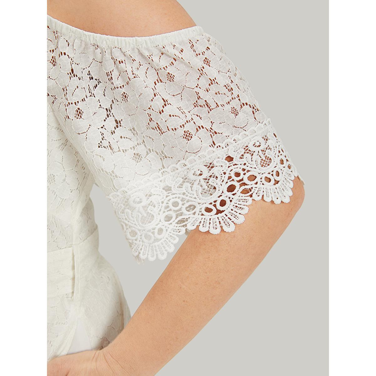 Plus Size Lace Panel Belted Cold Shoulder Flutter Sleeve Dress White Women Elegant Lined Cold Shoulder Half Sleeve Curvy Knee Dress BloomChic 26/4X Product Image