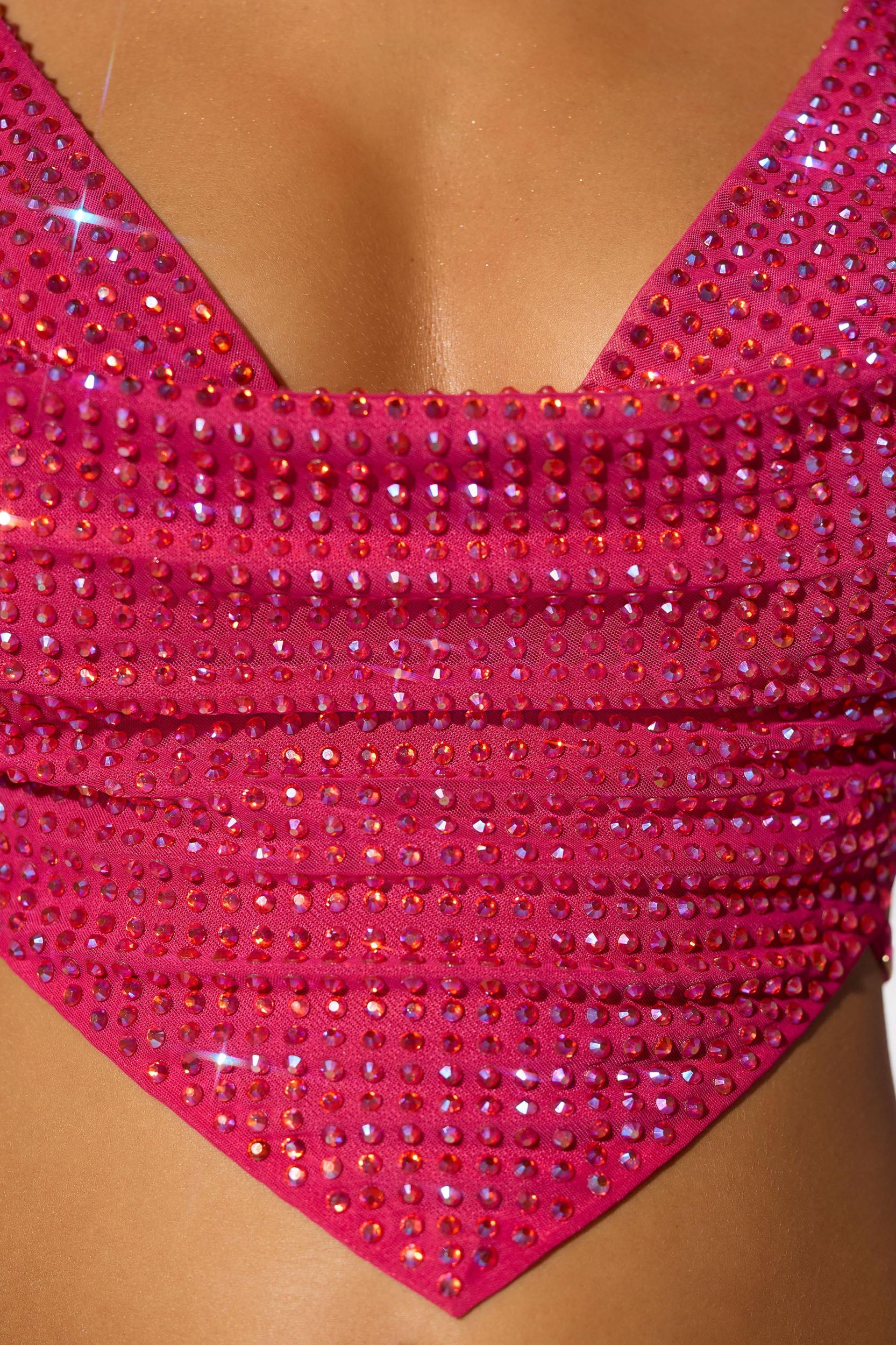 Embellished Cowl Neck Open Back Crop Top in Hot Pink Product Image