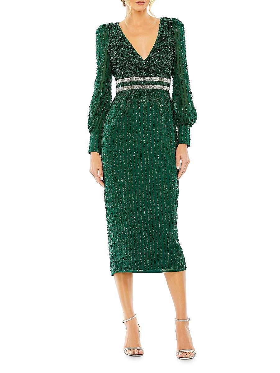 Womens Sequin V-Neck Bishop-Sleeve Dress Product Image