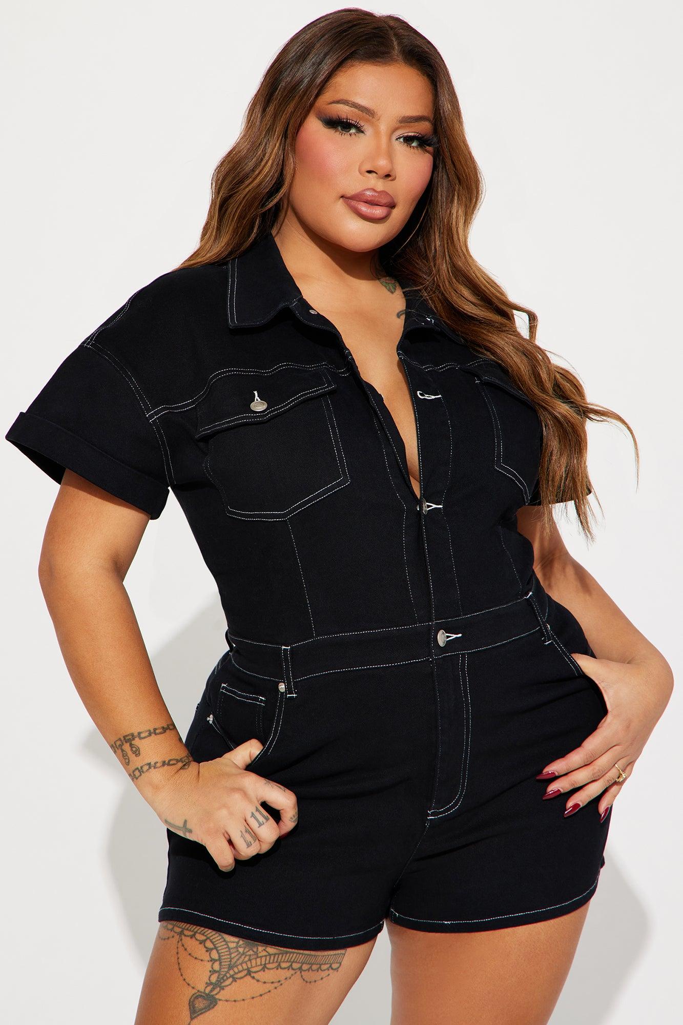 Talk To Me Denim Romper - Black/White Product Image