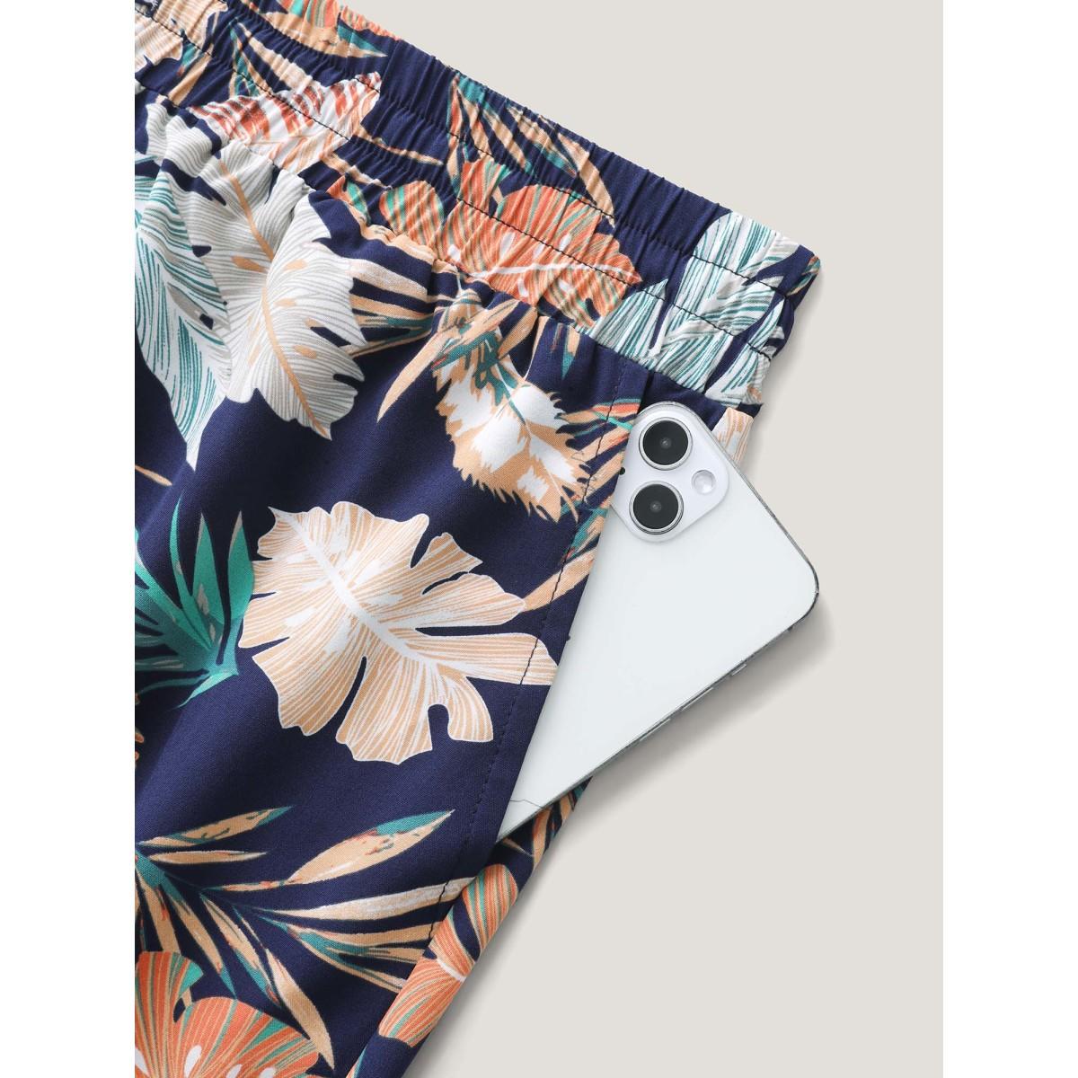 Plus Size Tropical Leaf Print Wide-Leg Pants Women Indigo Resort Wide Leg Mid Rise Vacation Pants BloomChic 22-24/3X Product Image