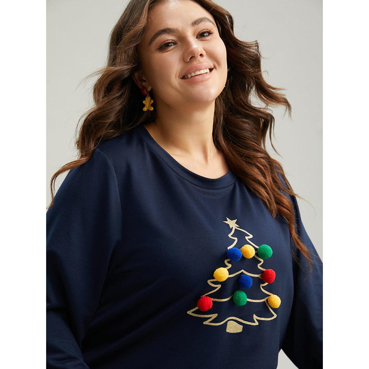 Plus Size Christmas Tree Fluffy Ball Crew Neck Sweatshirt Women Indigo Casual Contrast Festival-Christmas Sweatshirts BloomChic 14-16/1X Product Image