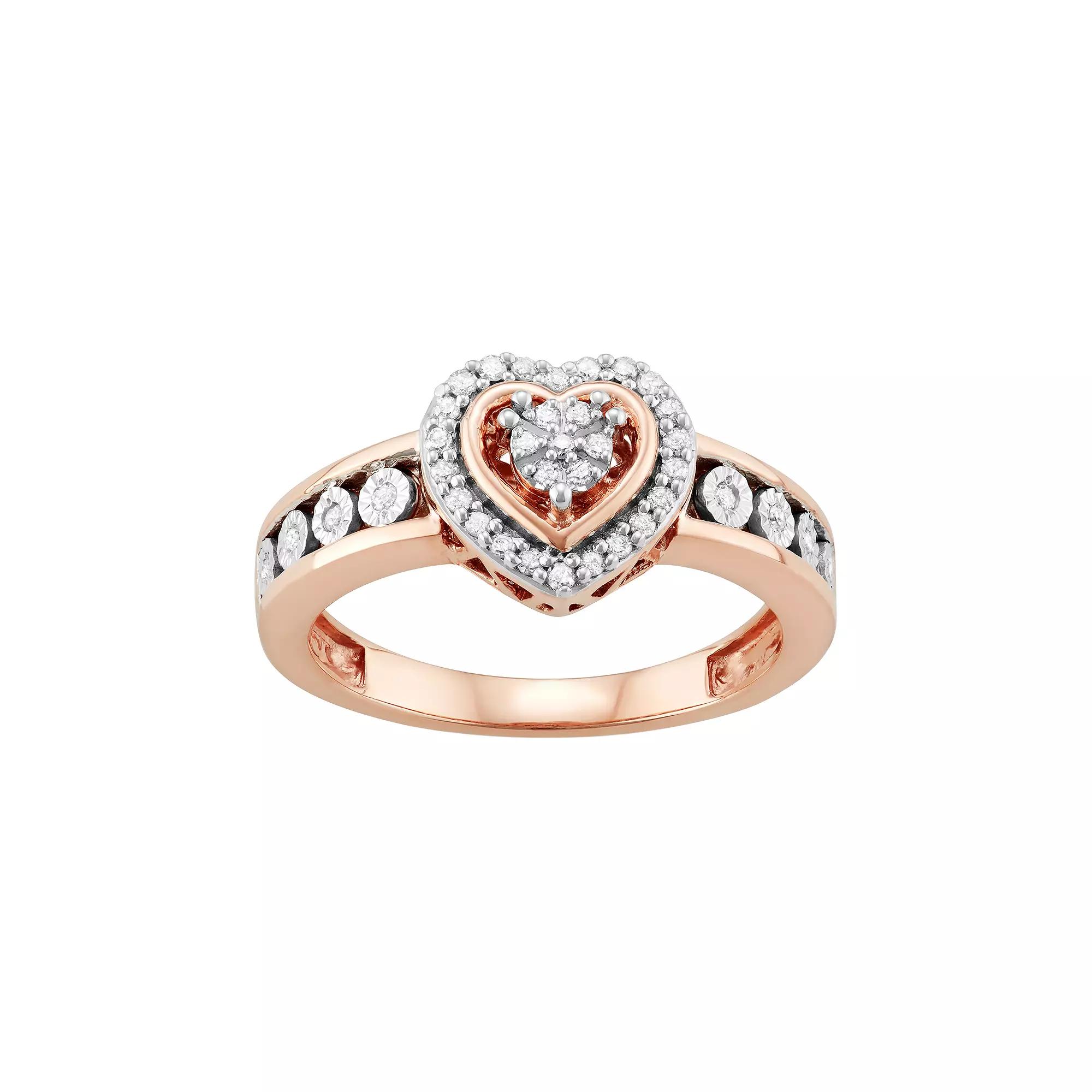 14k Rose Gold Over Silver 1/5 Carat T.W. Diamond Heart Ring, Women's, Size: 9, Gold Tone Product Image