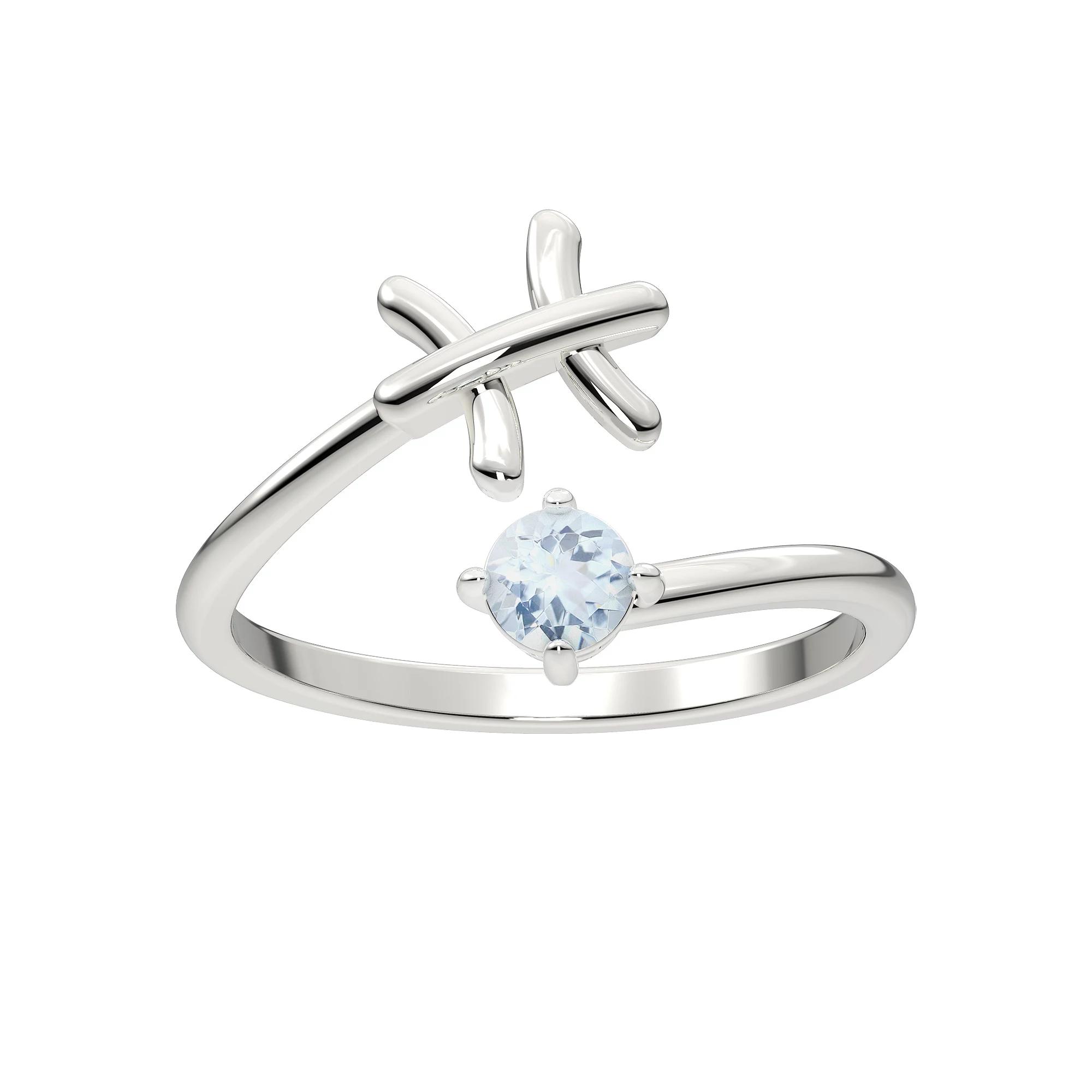 Sterling Silver Aquamarine Pisces Zodiac Sign Bypass Ring, Women's, Size: 7 Product Image