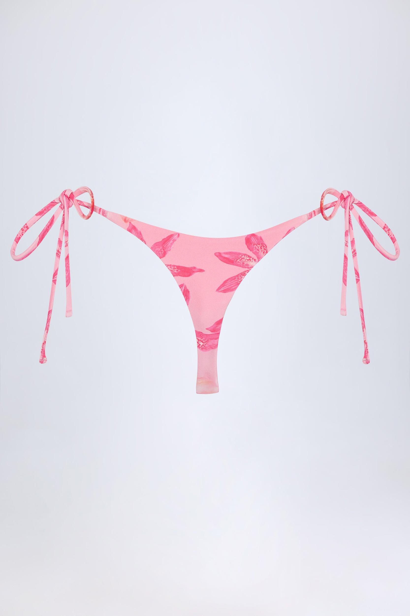 Side-Tie Thong Bikini Bottoms in Pink Orchid Print Product Image