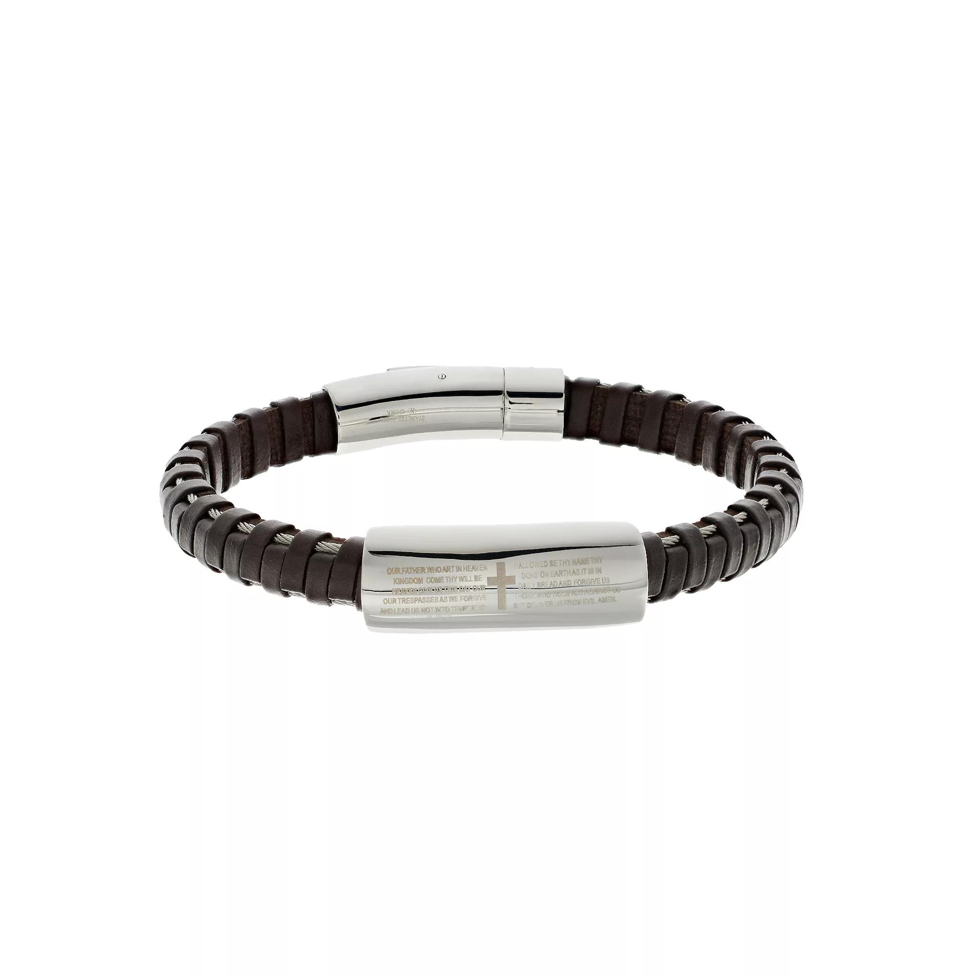 1913 Men's Brown Leather & Stainless Steel "The Lord's Prayer" Bracelet, Size: 8.5" Product Image