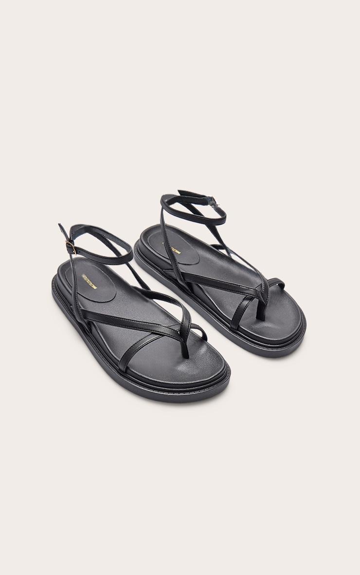 Black Pu Round Toe Thong Footbed Ankle Strap Flat Sandals Product Image