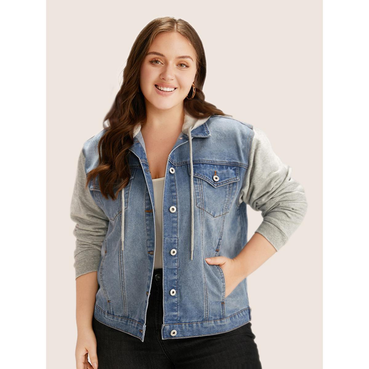 Women Hooded Patchwork Flap Pocket Denim Jacket Stone Plus Size Plain Contrast Casual Slanted pocket Leisure Denim Jackets BloomChic 28/5X Product Image