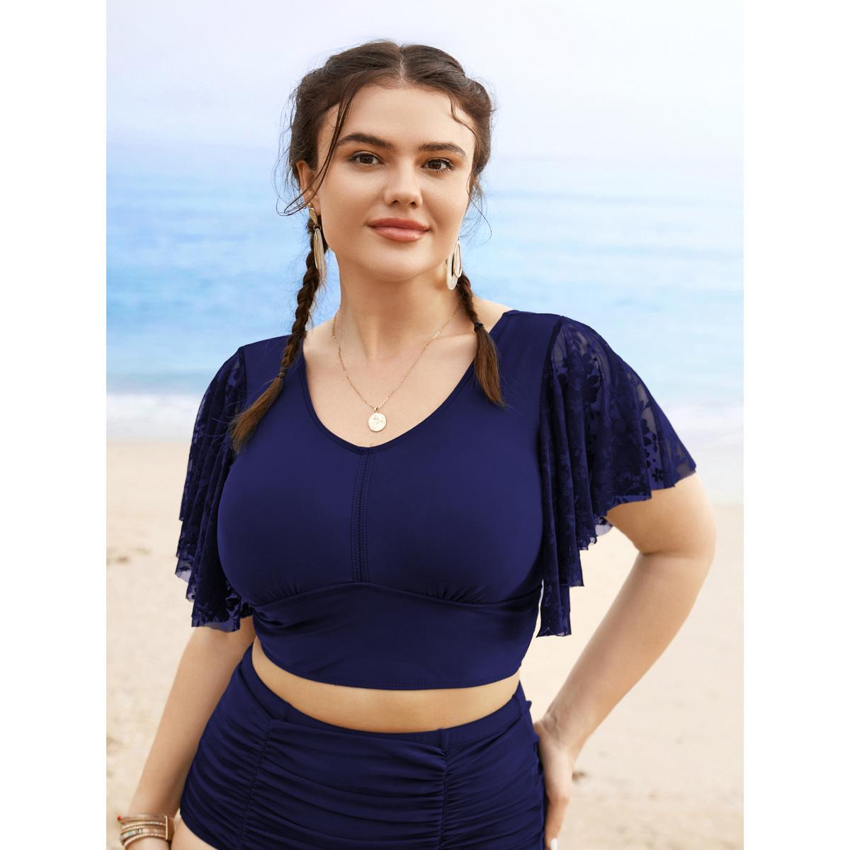 Plus Size U Neck Crochet Lace Mesh Swim Top Women's Swimwear Deeppurplered Resort Texture High stretch Skinny U-neck Curve Swim Tops BloomChic 10/M Product Image