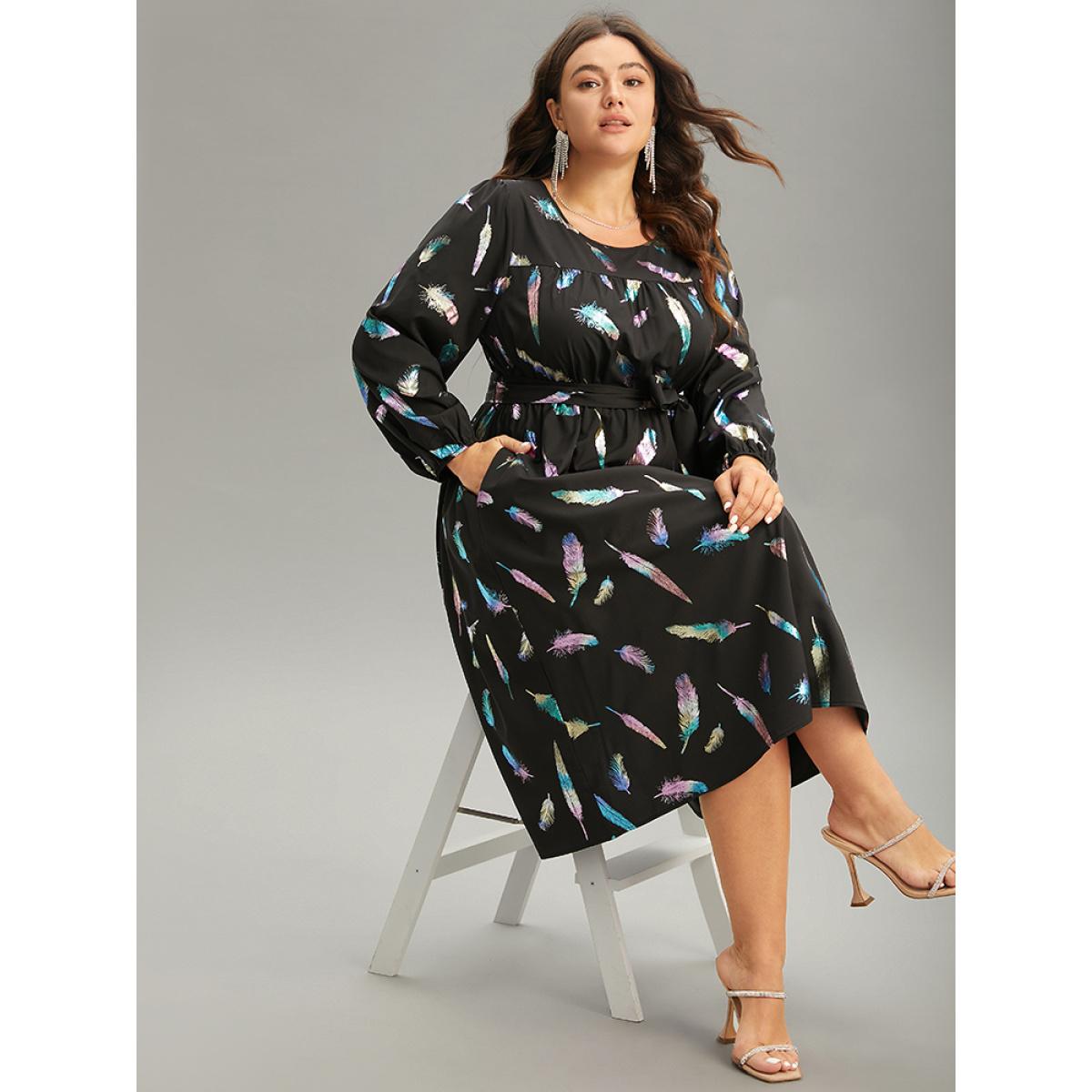 Plus Size Glitter Feather Print Pocket Elastic Waist Dress Black Women Glamour Elastic cuffs Round Neck Long Sleeve Curvy Midi Dress BloomChic 14-16/1X Product Image