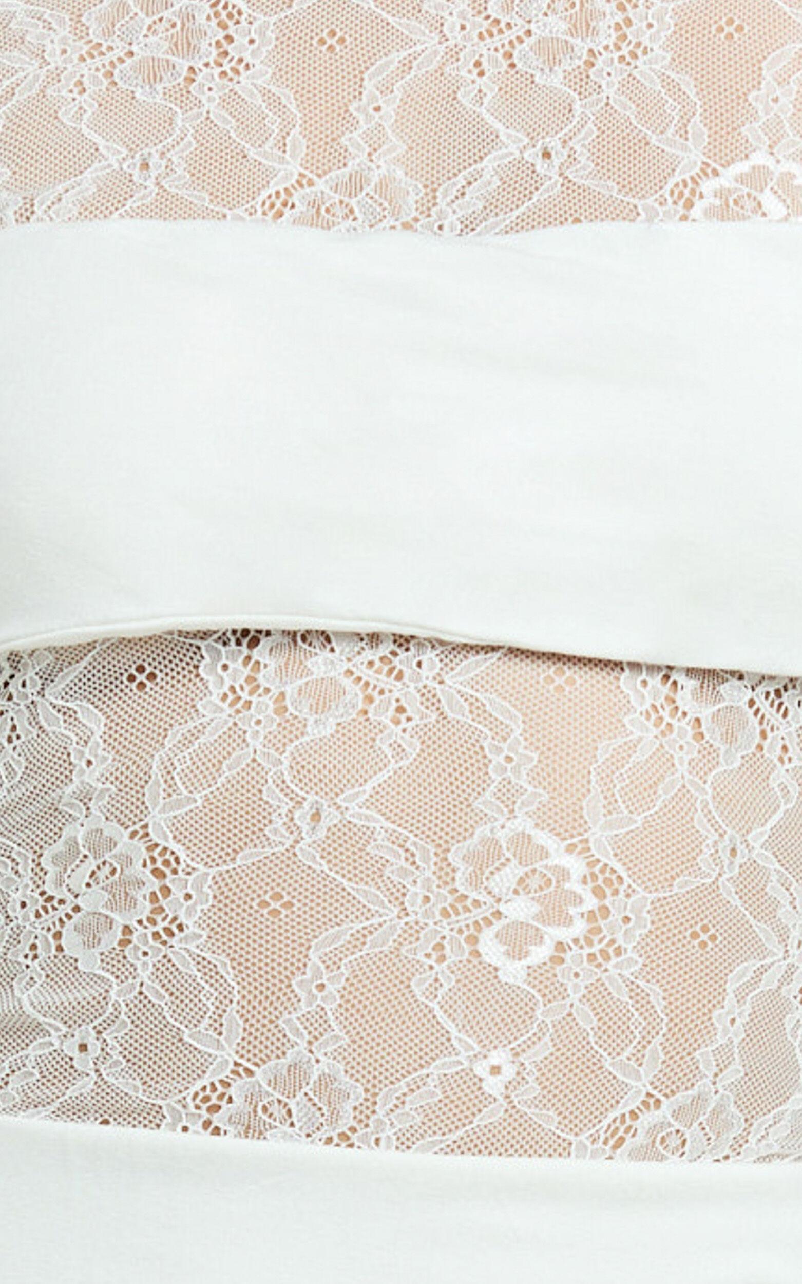 Imelda Mini Dress - Contrast Lace Long Sleeve Ruched Bodycon Dress in Cream Product Image