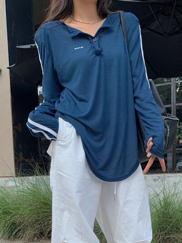 Blue Stripe Print Button Up Oversized Long Sleeve Tee Product Image