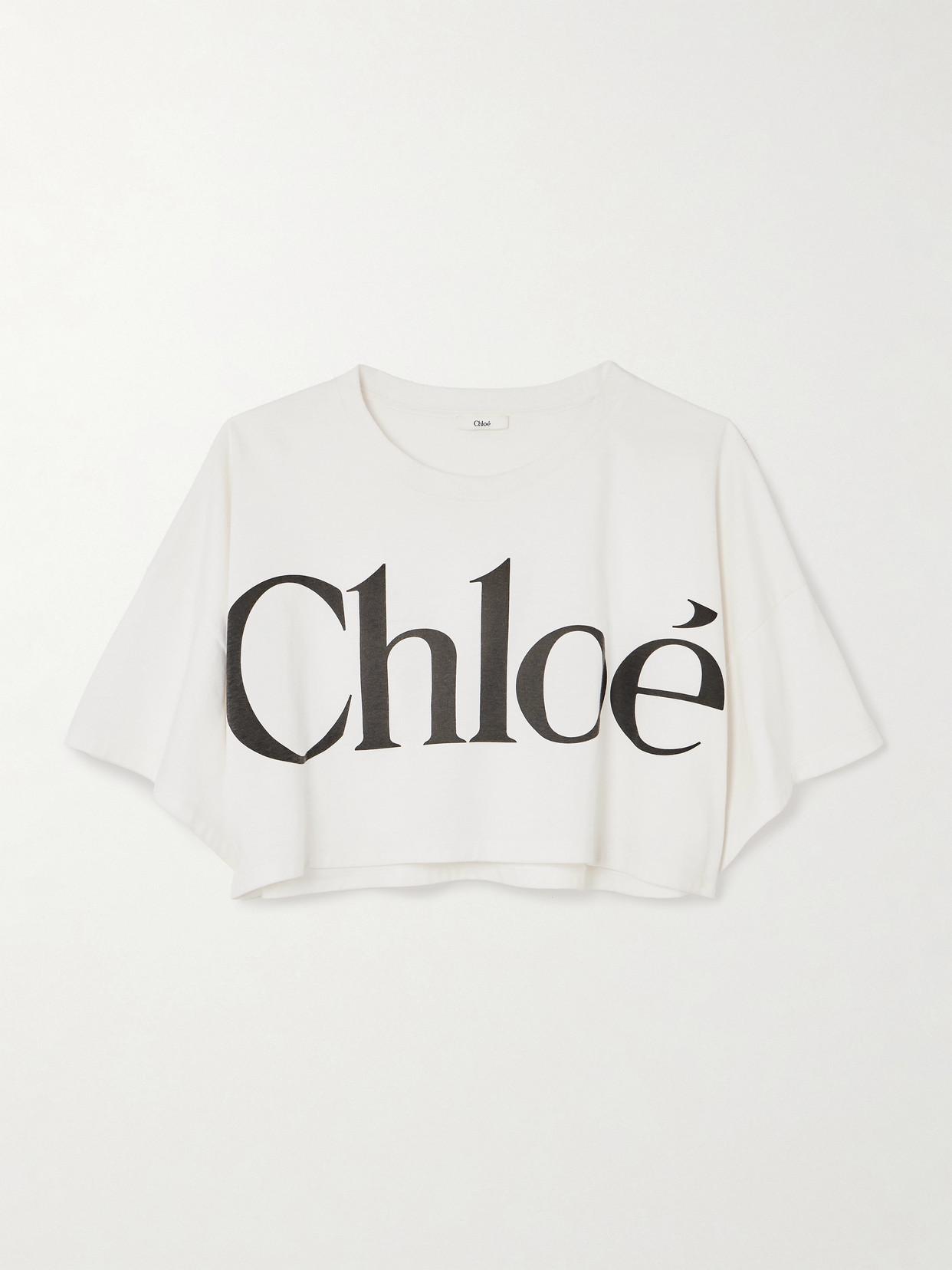 CHLOÉ White Cropped Crewneck T-shirt With Maxi Logo Print On The Front In Cotton Woman In Multicolor Product Image