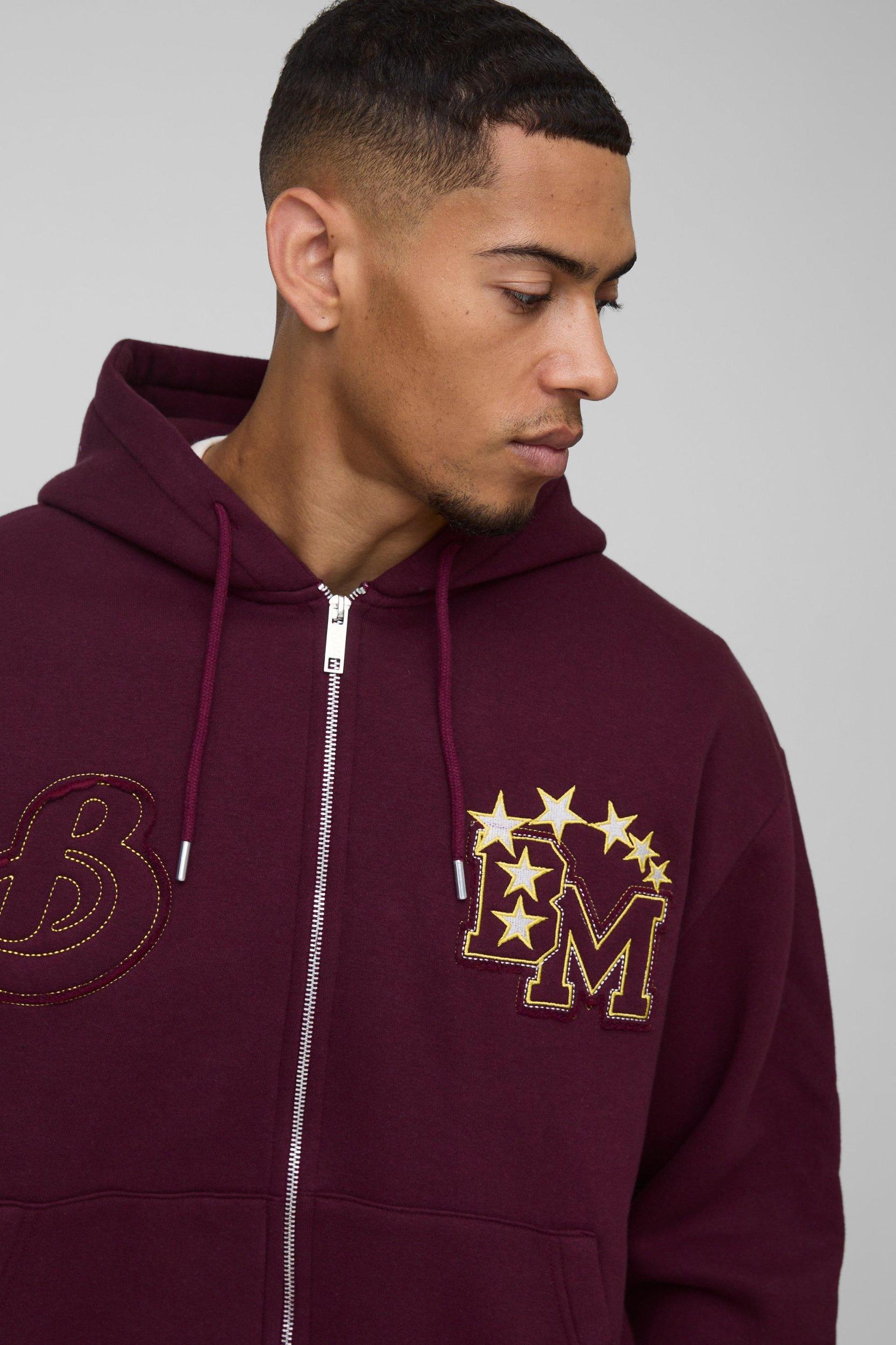 Oversized BM Varsity Applique Zip Through Hoodie | boohooMAN USA Product Image