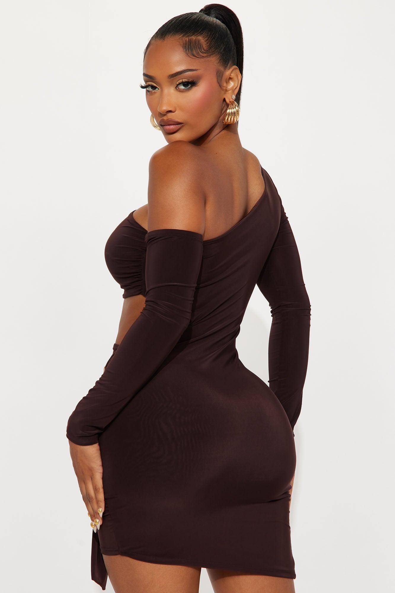 Amalia Long Sleeve Ruched Mini Dress - Chocolate Female Product Image