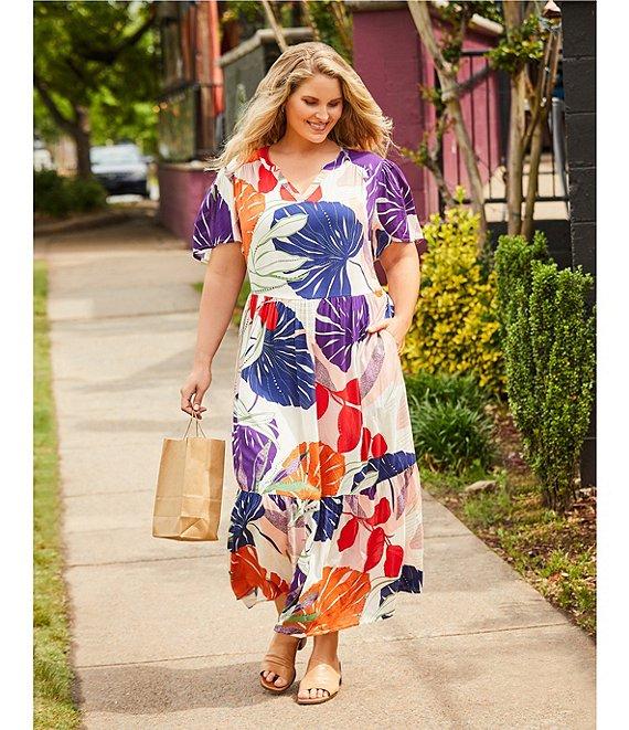 Nurture Plus Size Tropical Palm Print Short Flutter Sleeve V-Neck Maxi Dress Product Image