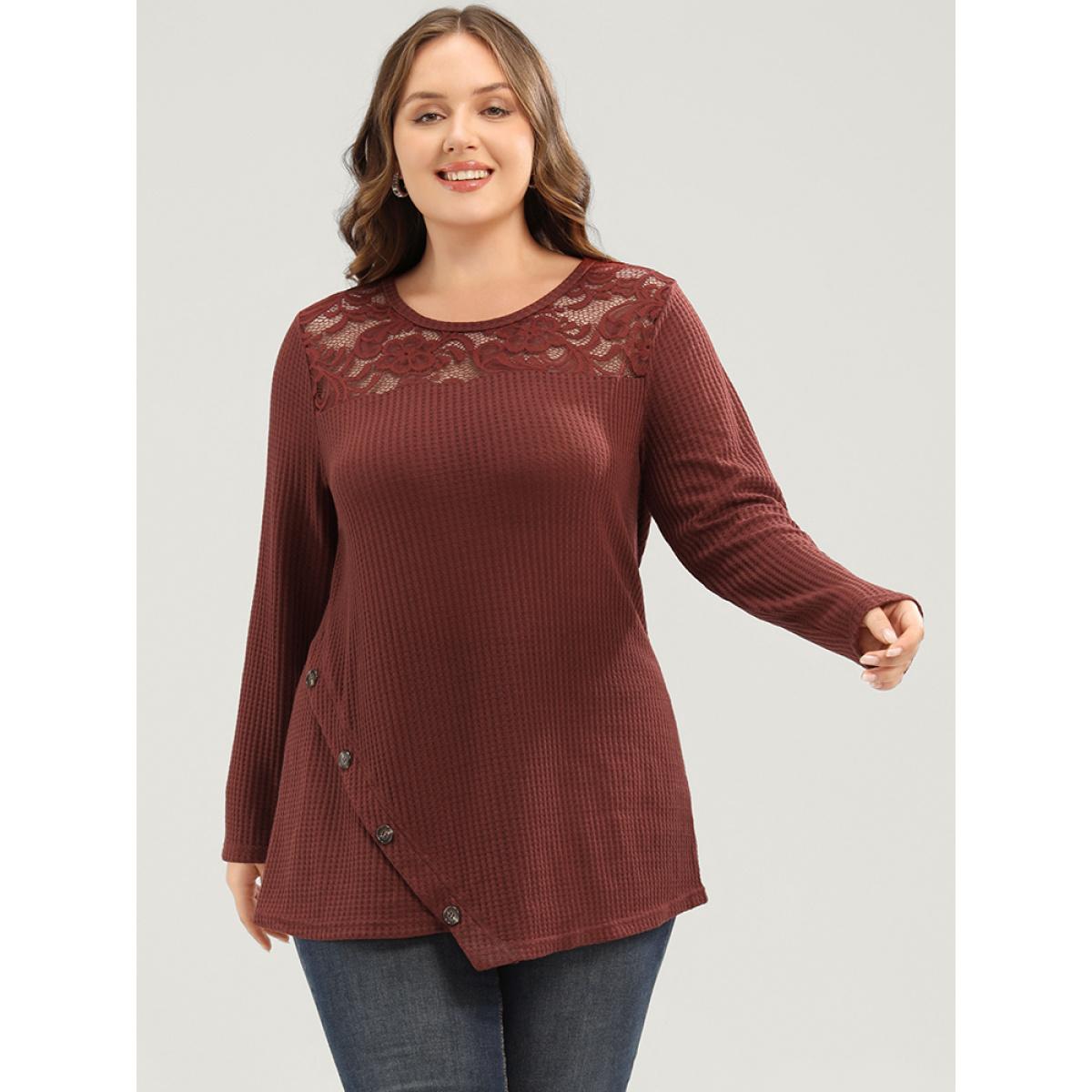 Plus Size Solid Lace Button Detail Waffle Knit Sweatshirt Women Scarlet Elegant Patchwork Round Neck Dailywear Sweatshirts BloomChic 12/L Product Image