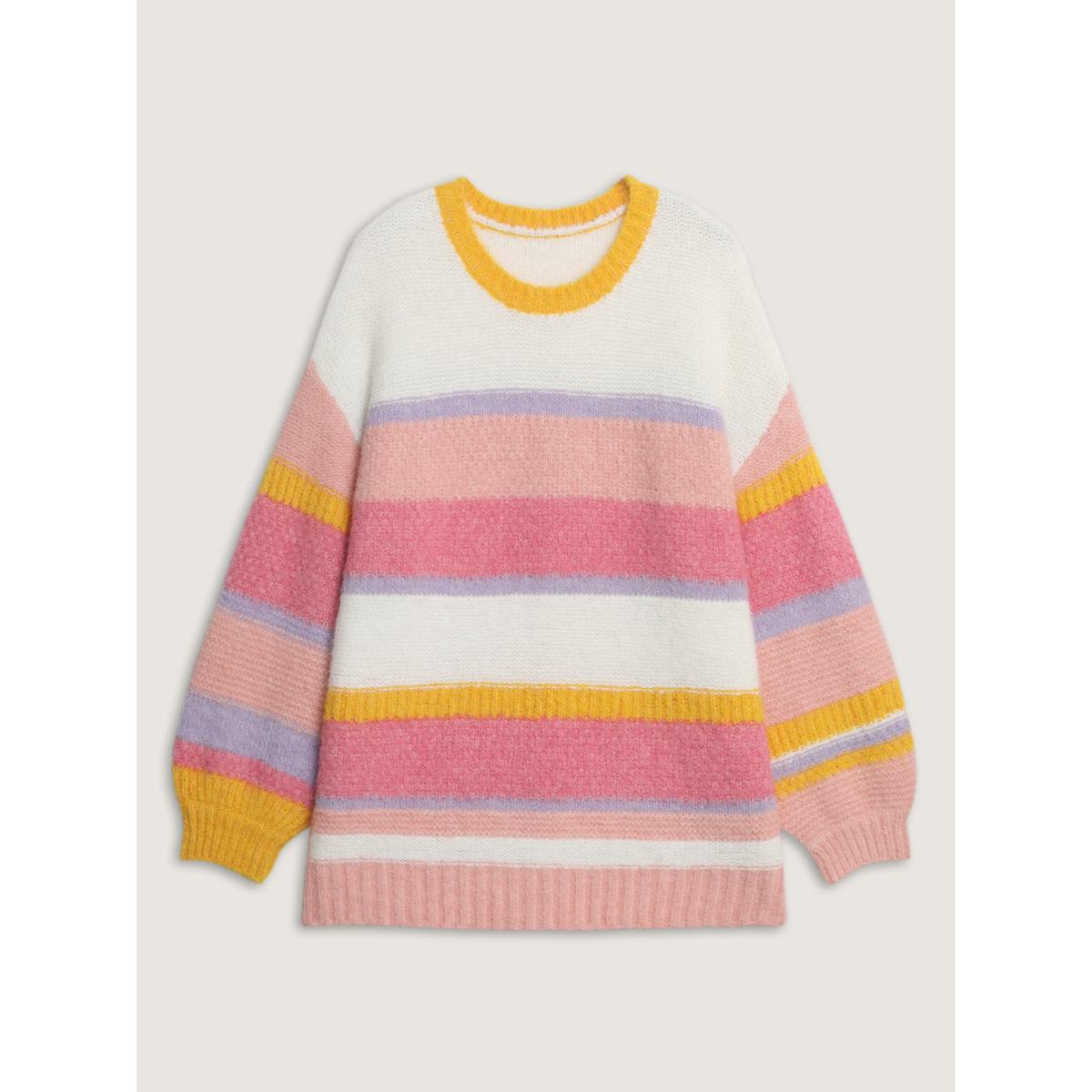 Plus Size Colorblock Textured Ribbed Hem Pullover Blush Women Playful Loose Long Sleeve Round Neck Casual Pullovers BloomChic 18-20/2X Product Image