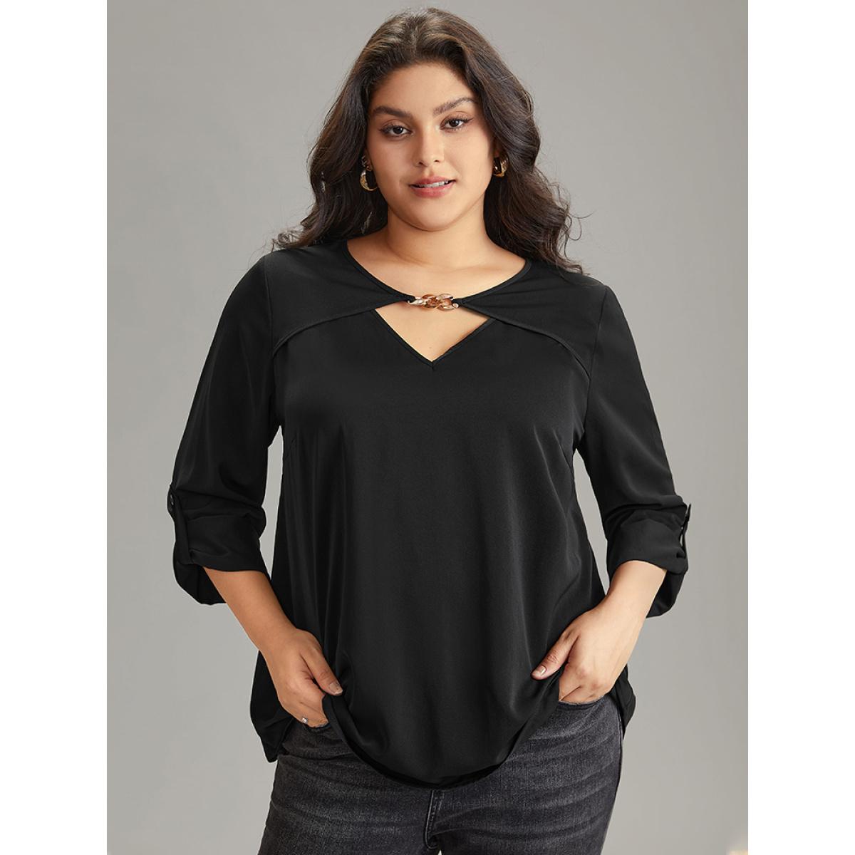 Plus Size Black Static-Free Plain Keyhole Chain Detail Blouse Women Office Long Sleeve Keyhole Cut-Out Office Blouses BloomChic 14-16/1X Product Image
